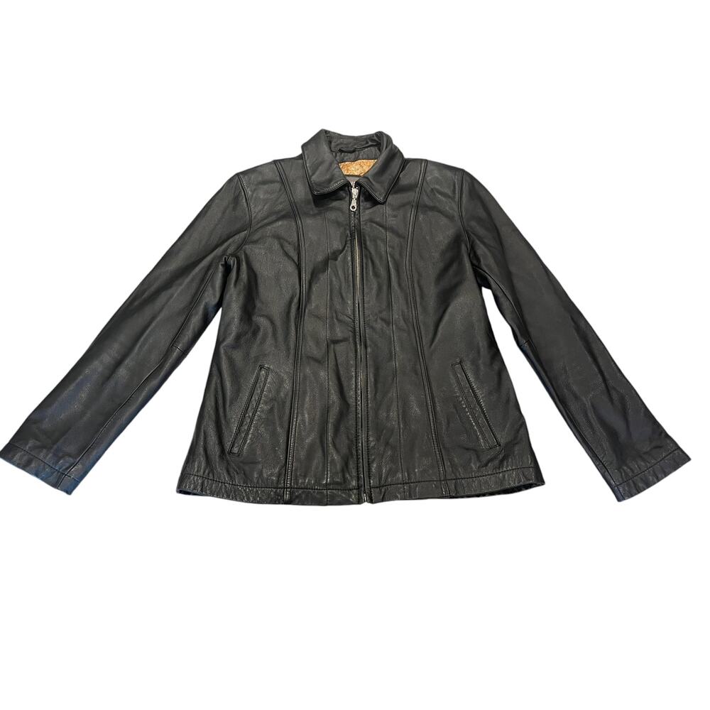 Wilsons Leather Women's Jacket Medium Black Full Zip Quilted Paisley Lining Moto